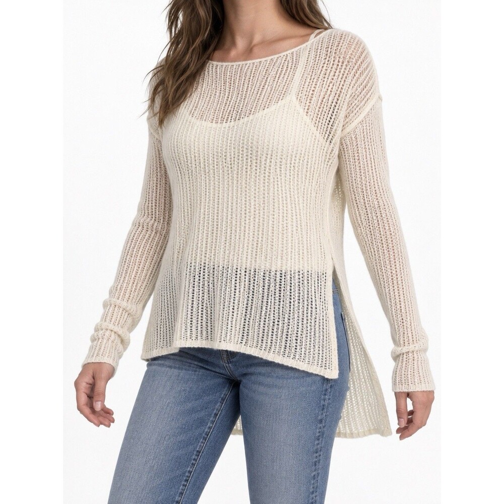 Free People Wednesday 100% Cashmere Ivory Open Knit Sweater High Low Hem XS
